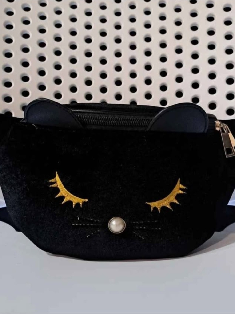 Olivia Miller Black Velvet Cat-Eyes Waist Bag with Gold Detail And Pearl Nose